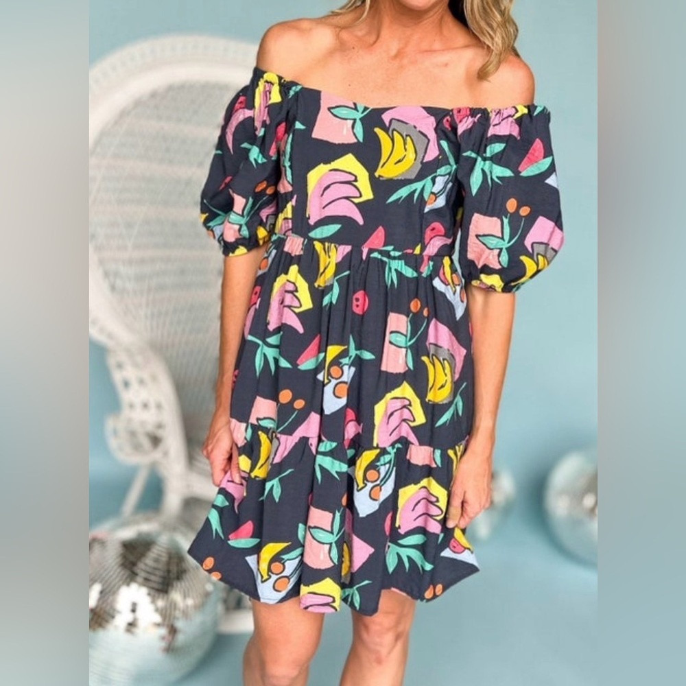 JODIFL Navy Floral Babydoll Dress with Pink Yellow Green Accents - Picture 2 of 8